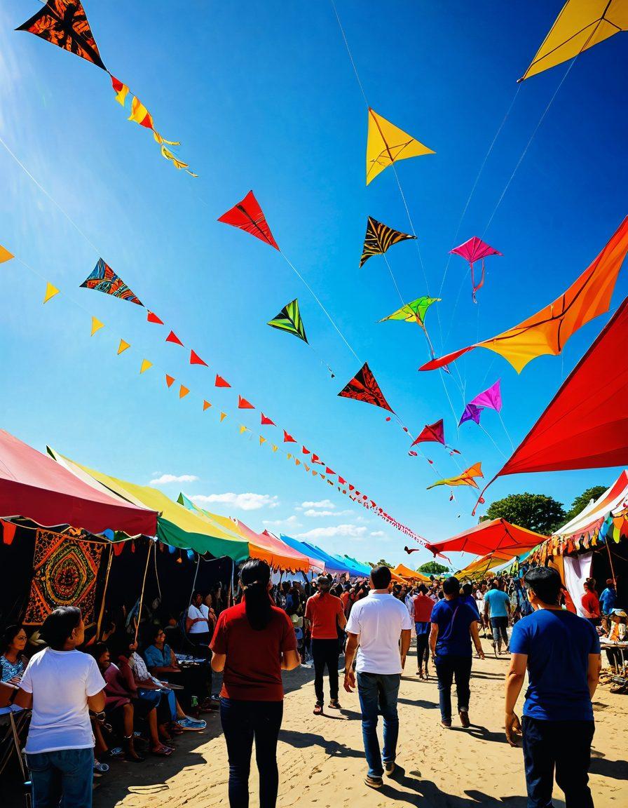 A vibrant scene featuring a diverse group of people of different ages and backgrounds engaging in crafting colorful handmade kites. The backdrop should be a sunny outdoor festival setting, filled with kites soaring in the sky, and tools like scissors and colorful paper scattered around. Include intricate patterns and designs on the kites, showcasing various cultural influences. The atmosphere should feel joyful and creative. super-realistic. vibrant colors. festival ambiance.