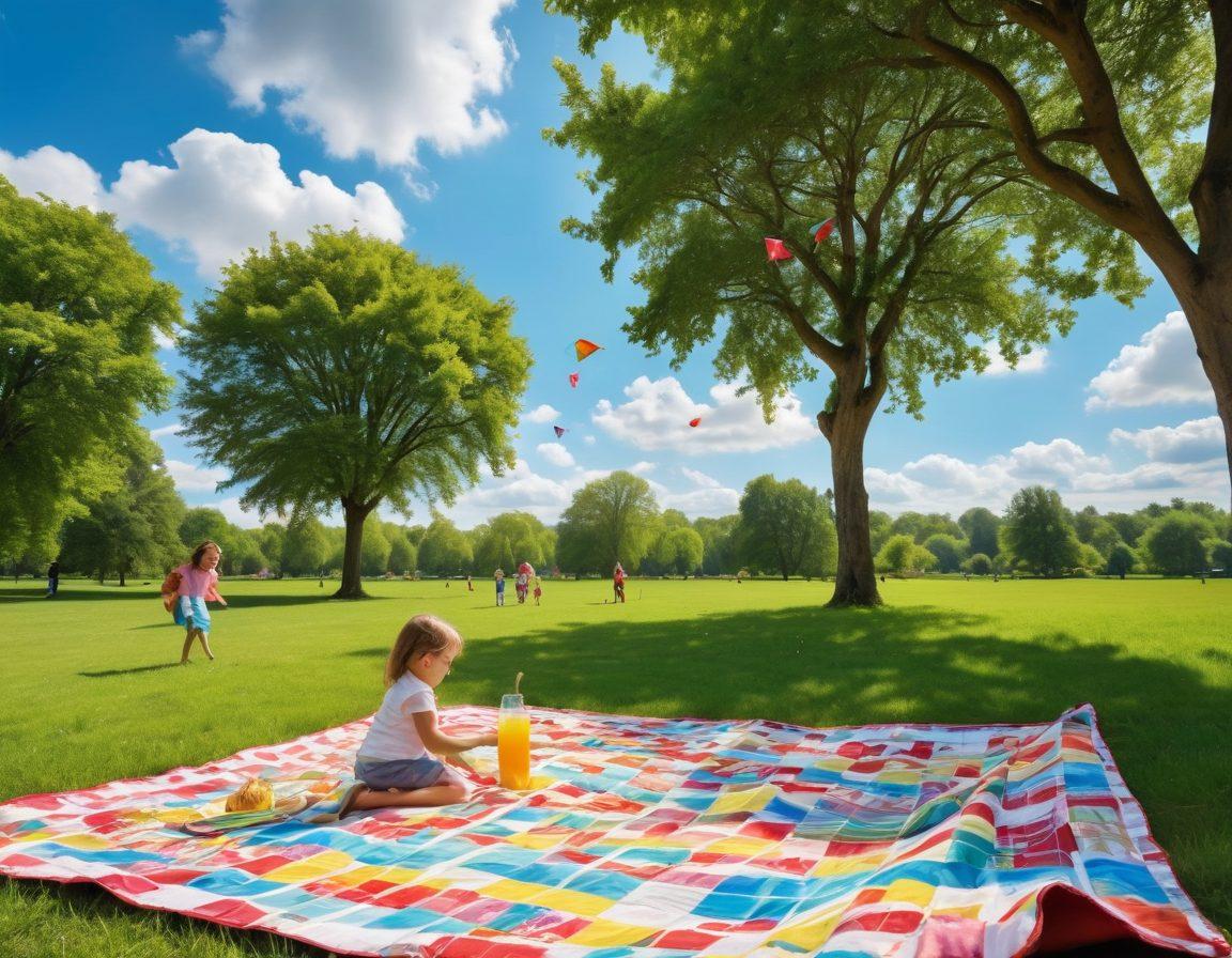 A vibrant family scene in a lush green park, joyfully flying colorful kites of various shapes and sizes under a bright blue sky. Children laughing and running, parents smiling, with kites soaring high amidst fluffy white clouds. Include picnic elements like a checkered blanket and fun snacks in the foreground. Capture the essence of togetherness and joy in outdoor activities. super-realistic. vibrant colors. wide-angle view.