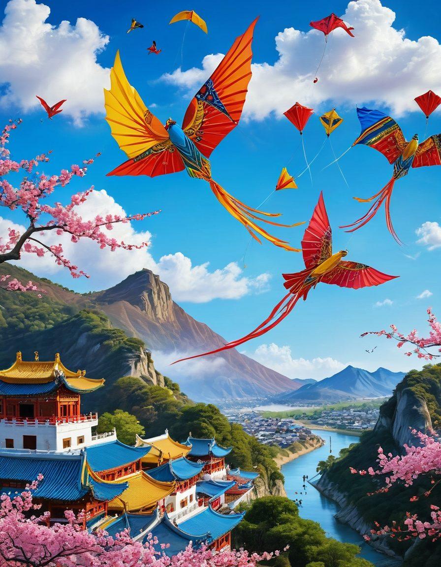 A colorful assortment of traditional Chinese kites soaring gracefully in a bright blue sky, each kite showcasing intricate designs of dragons, flowers, and geometric patterns. The scene is set against a backdrop of a picturesque landscape with rolling hills and cherry blossom trees. Include children and families joyfully flying the kites, capturing the essence of cultural celebration and artistry. vibrant colors. super-realistic. airy atmosphere.
